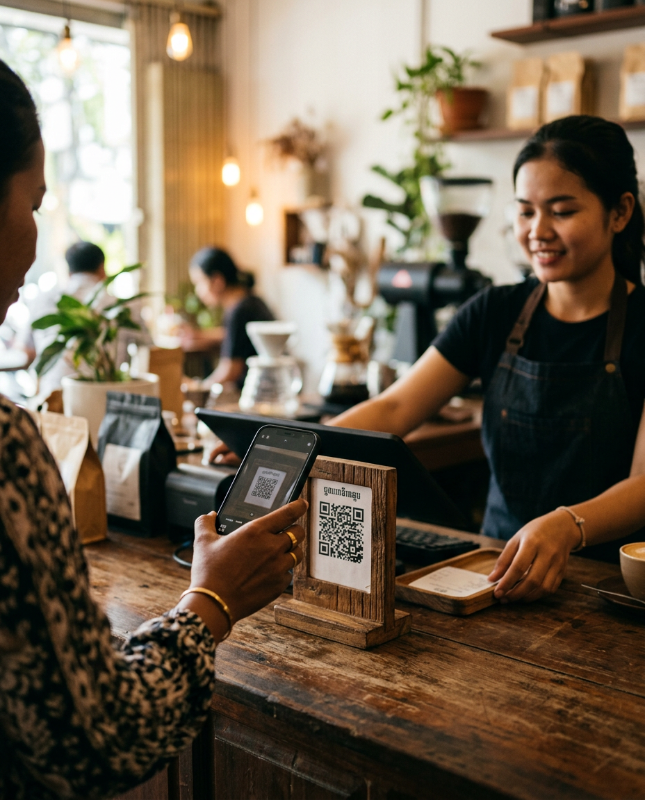 A customer holds up a phone to scan a QR code on a wooden stand at a cafe counter while the barista smiles