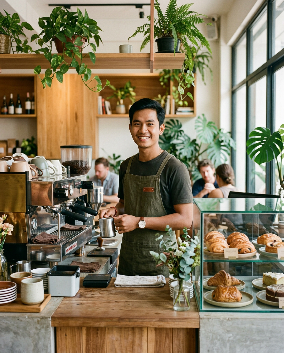 A smiling barista at an espresso machine behind a pastry display in a plant-filled cafe