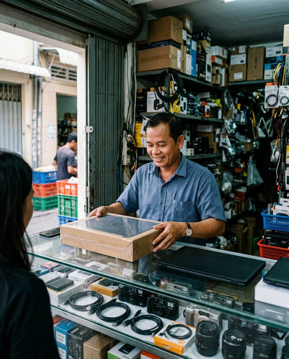 A shop owner handing a boxed laptop across a glass counter full of cameras and cables