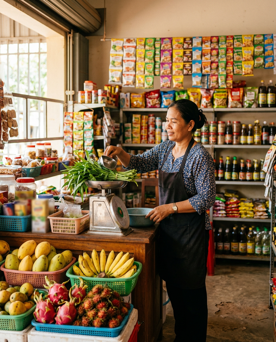 A shopkeeper weighing greens on a scale in a minimart stocked with fruit and snacks