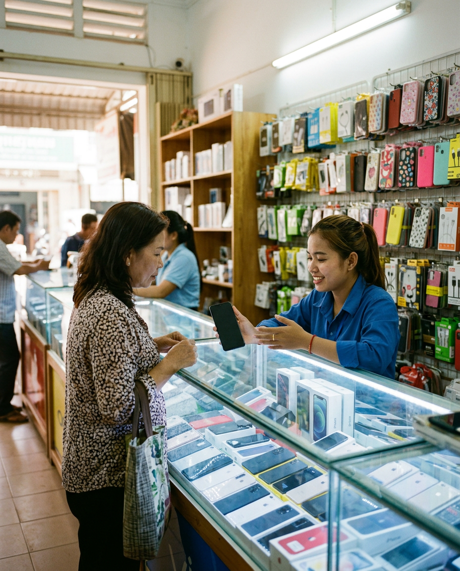 A shop assistant showing a phone to a customer over a glass counter of handsets