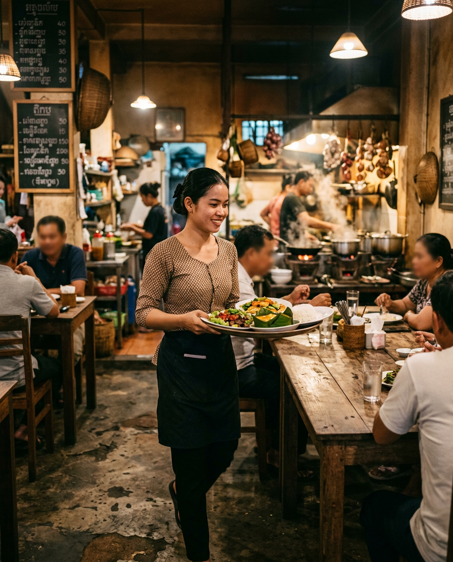 A server carrying plates of Khmer food through a busy small restaurant