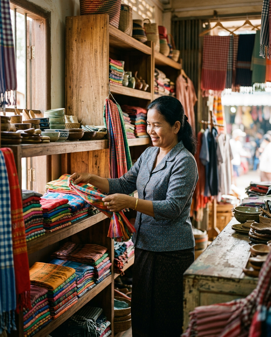 A shopkeeper folding woven scarves on wooden shelves in a small general goods shop